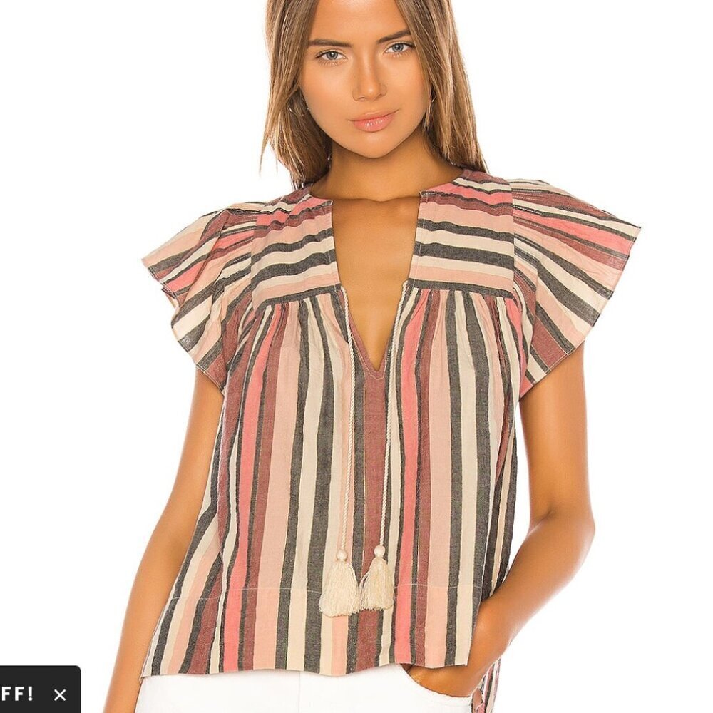 Ulla Johnson Amba Top Pink Rosewood Striped Ruffle Sleeve V Neck Blouse
